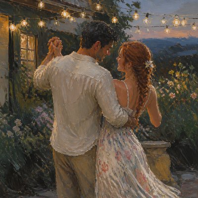 an original couple dancing under string lights in a garden at dusk: a man with short black hair in a linen shirt and a woman with braided red hair in a summer dress
