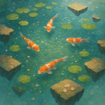A koi pond seen from above, orange and white koi fish swimming among lily pads, clear water with subtle ripples, fallen cherry blossom petals floating on the surface, dappled sunlight