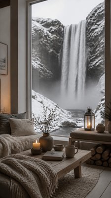 towering waterfall cascading down a cliff
