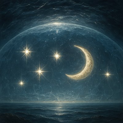 Photorealism Art Style, an incredibly realistic and majestic panoramic depiction of ancient Jewish cosmology for Psalm 8:3. The scene features a vast, immense, and slightly crystalline domed firmament (raqia), appearing as a colossal, translucent barrier stretching high above, separating realms. Above this firmament, immense, dark yet shimmering celestial waters are visibly contained, looking like an actual ocean or body of water suspended in the upper reaches, reflecting an unseen, brilliant divine light from beyond. Large, tangible stars and a realistically textured crescent moon are clearly depicted as radiant, glowing jewels "set into" or embedded within the solid, semi-transparent surface of the firmament, their light realistically illuminating its crystalline structure. Below, hints of foundational earth with discernible "waters below" are visible, all under a profound, ancient sky. Focus on the hyper-realistic textures and luminosity of the crystalline firmament, the visceral reality of the celestial waters above, and the tangible, glowing presence of the embedded moon and stars, creating an image of overwhelming, ancient, and divine majesty.