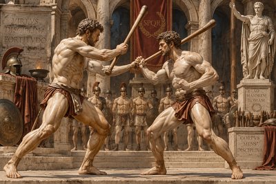 a painting of two men fighting in front of a statue