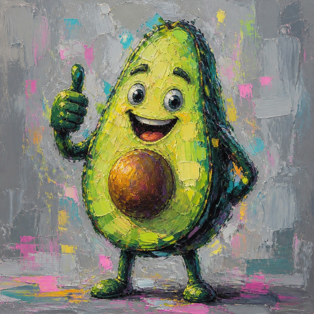 a happy avocado character giving a thumbs up, bold readable design on a plain background, no text
