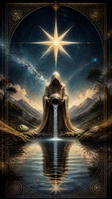 a robed figure pouring water beneath a large eight-pointed star in a night sky, symmetrical composition with an ornate decorative border, no text