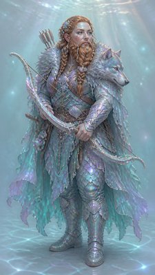 full-body original character: a dwarven ranger with a braided auburn beard, worn leather armor, a longbow and a wolf-pelt cloak, neutral background, no text