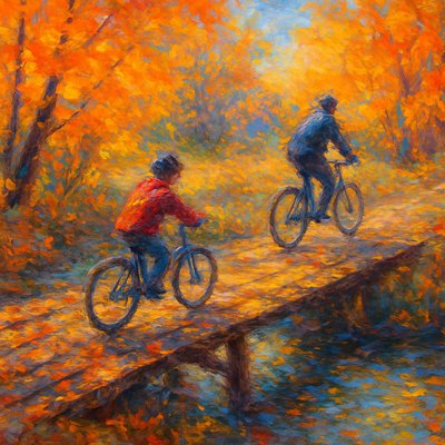 A vibrant and atmospheric impressionistic painting capturing the essence of the provided photograph: two figures on bicycles, a child in the foreground and an adult behind, crossing a rustic wooden bridge over a flowing stream. The scene is transformed into a glorious autumn landscape, where the surrounding trees are ablaze with rich, impressionistic brushstrokes of brilliant golds, fiery oranges, and deep reds, intermingled with patches of lingering green.

The wooden bridge itself is rendered with textural, broken brushstrokes, suggesting its weathered planks, with scattered fall leaves painted in warm, detached dabs of color. The stream below glimmers with soft reflections of the autumn light and foliage, depicted with fluid, expressive strokes. The figures on the bicycles are captured with a sense of movement and energy, their forms suggested rather than precisely detailed, blending into the lively, shimmering atmosphere.

The sky above, if visible through the canopy, is a soft, luminous blue, hinted at with delicate washes. The lighting is soft and diffused, characteristic of a pleasant autumn day, creating a radiant and inviting mood. The overall effect is one of fleeting beauty, captured light, and the joyful freedom of a crisp fall ride, rendered with the characteristic loose, vibrant brushwork and subjective color of impressionism.
