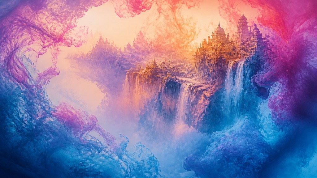 a cliffside city with waterfalls cascading into a misty canyon, wide establishing shot, no people, no text