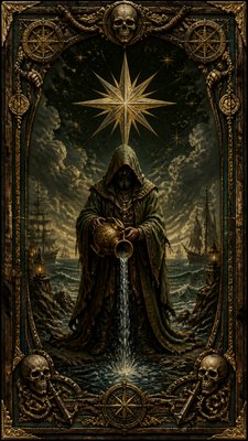 a robed figure pouring water beneath a large eight-pointed star in a night sky, symmetrical composition with an ornate decorative border, no text