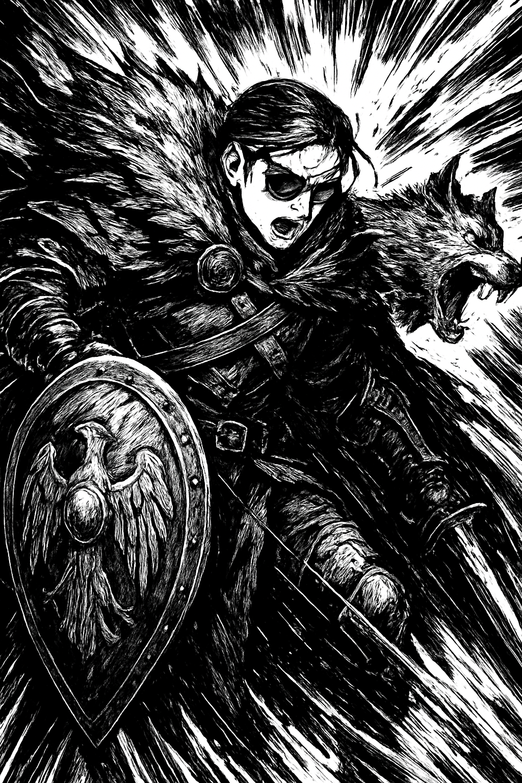 a black and white drawing of a man riding a horse