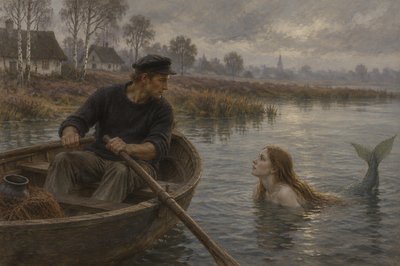 a painting of a man and a woman in a boat