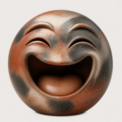 an exaggerated laughing face of an original round mascot character, bold and readable at small size, plain background, no text