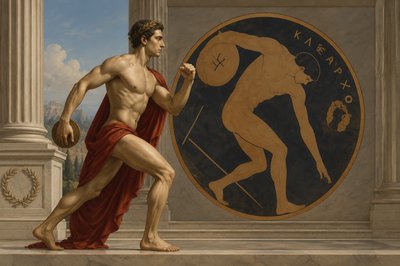 a painting of a man standing next to a statue