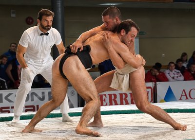 two men wrestling in a ring with a crowd watching