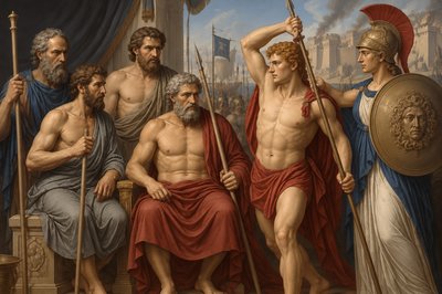 a painting of a group of men standing next to each other
