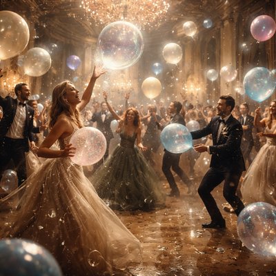 A group of people dressed up for a ball having a balloon fight