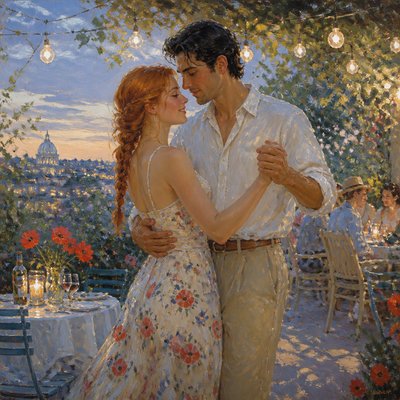 an original couple dancing under string lights in a garden at dusk: a man with short black hair in a linen shirt and a woman with braided red hair in a summer dress