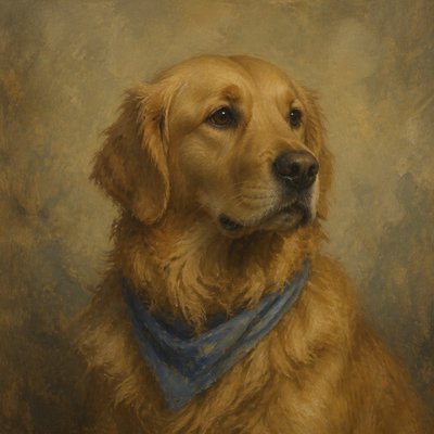 portrait of a golden retriever wearing a blue bandana, warm plain backdrop, no text