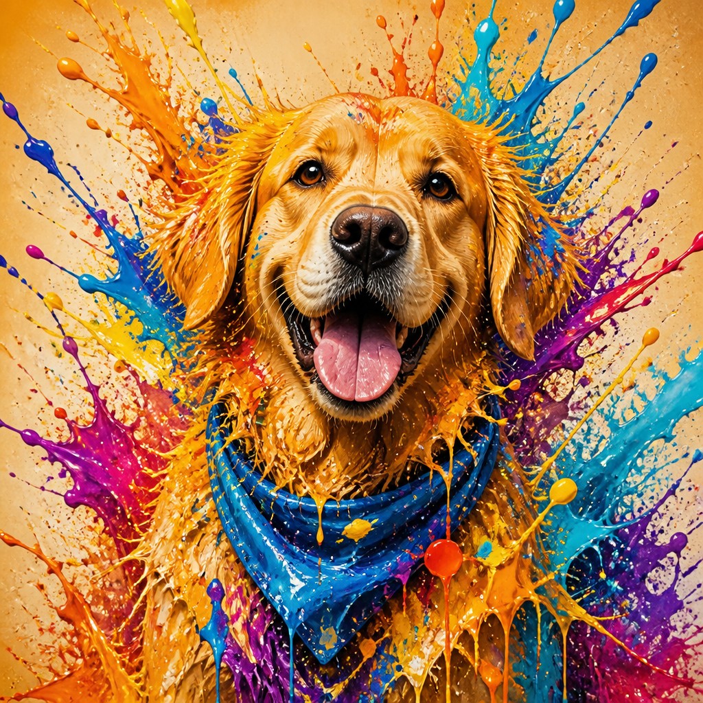 portrait of a golden retriever wearing a blue bandana, warm plain backdrop, no text