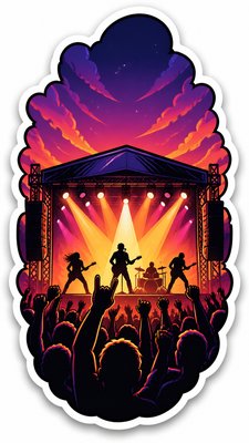 a live music scene with a glowing stage and silhouetted crowd, energetic vertical composition with open space at the top, no text