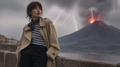 an erupting volcano with lightning strikes, dramatic wide composition, no text