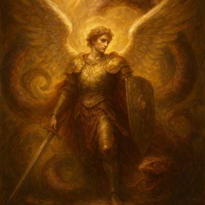An Angel of God standing with full armor, sword, and shield, with massive wings, in front of a great serpent 