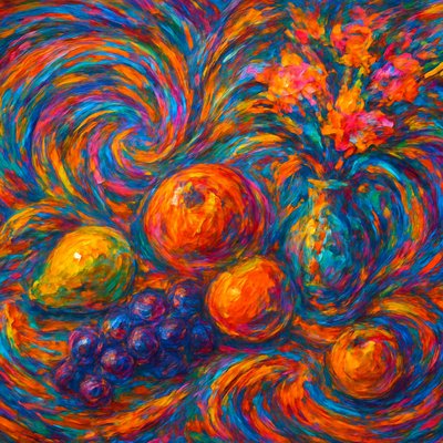 still life arrangement of fruits and flowers