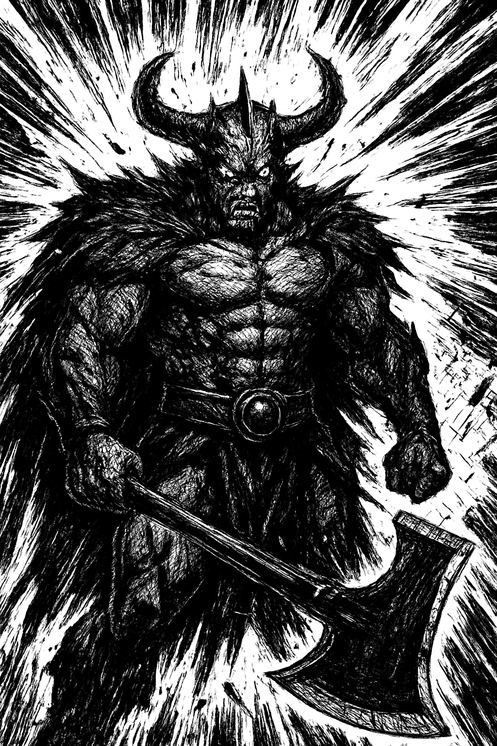 a black and white drawing of a demon holding an axe