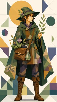 full-body original character: a wandering botanist with a satchel of plants, a patched green cloak, tall boots and round glasses, neutral background