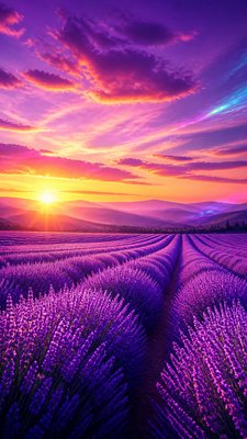 a field of lavender stretching to distant hills at dusk, no people