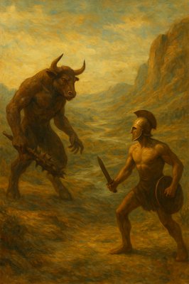 a painting of a man with a horned head holding a sword