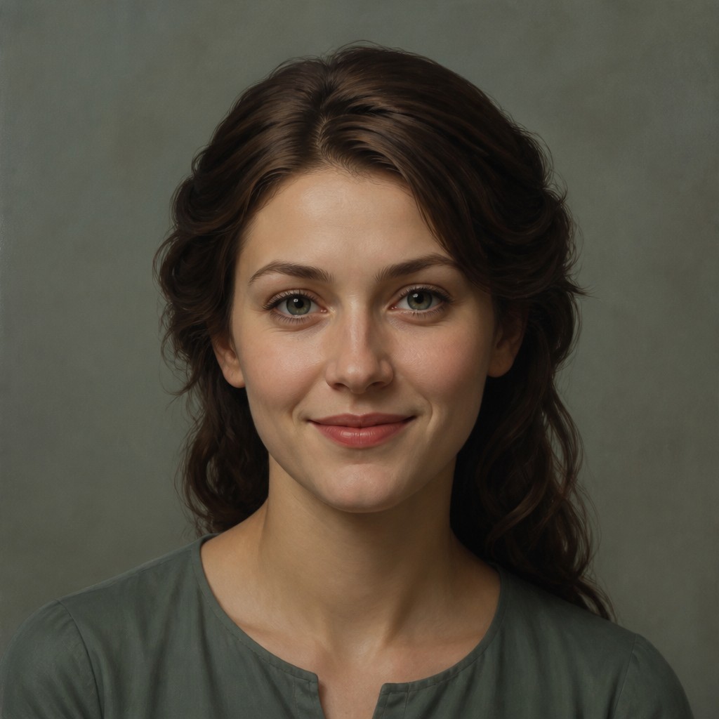 head-and-shoulders portrait of an original character: a young woman with wavy chestnut hair and a warm smile, plain soft backdrop
