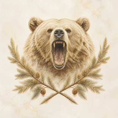 a roaring bear head above crossed pine branches, bold graphic composition on a plain background, no text