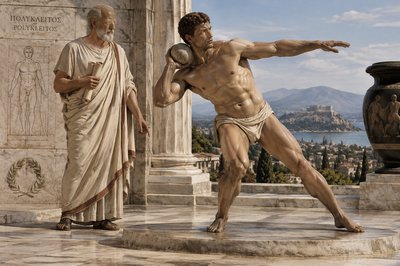 Polyclitus standing with an athlete throwing a shot put