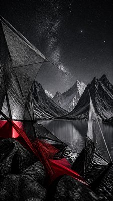 a tranquil mountain lake beneath a starry night sky, no people, no text