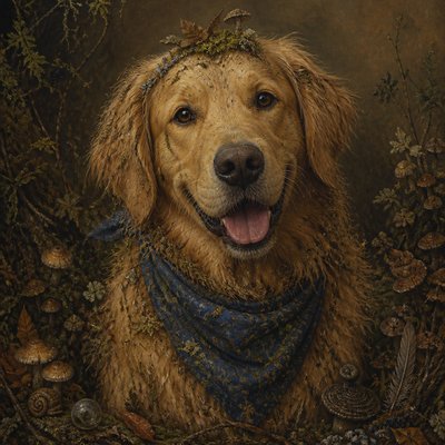 portrait of a golden retriever wearing a blue bandana, warm plain backdrop, no text
