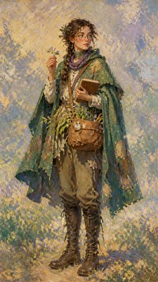 full-body original character: a wandering botanist with a satchel of plants, a patched green cloak, tall boots and round glasses, neutral background