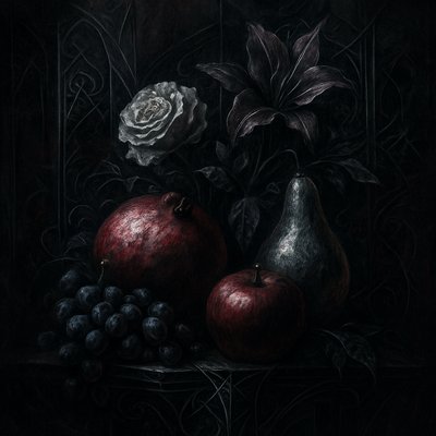 still life arrangement of fruits and flowers