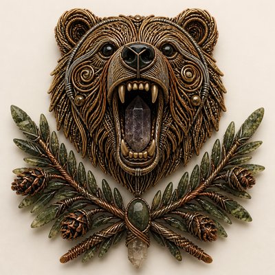 a roaring bear head above crossed pine branches, bold graphic composition on a plain background, no text