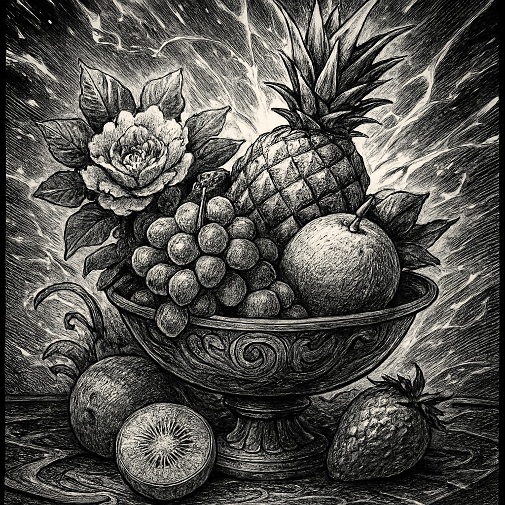 still life arrangement of fruits and flowers
