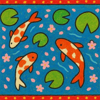 A koi pond seen from above, orange and white koi fish swimming among lily pads, clear water with subtle ripples, fallen cherry blossom petals floating on the surface, dappled sunlight