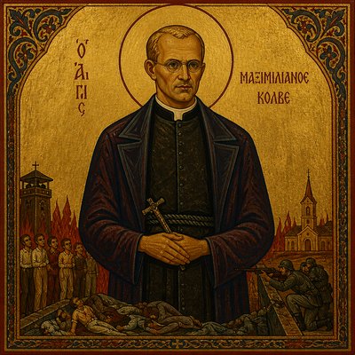 a painting of a man with a cross in his hand