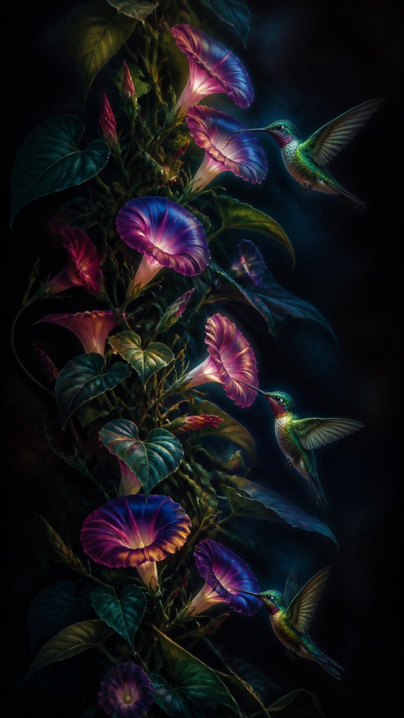 a climbing vine of flowers and hummingbirds on a dark background, tall wrapping composition, no text