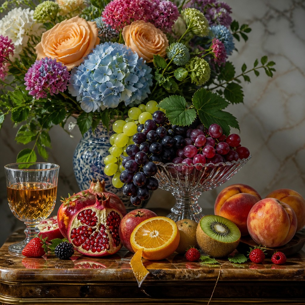 still life arrangement of fruits and flowers