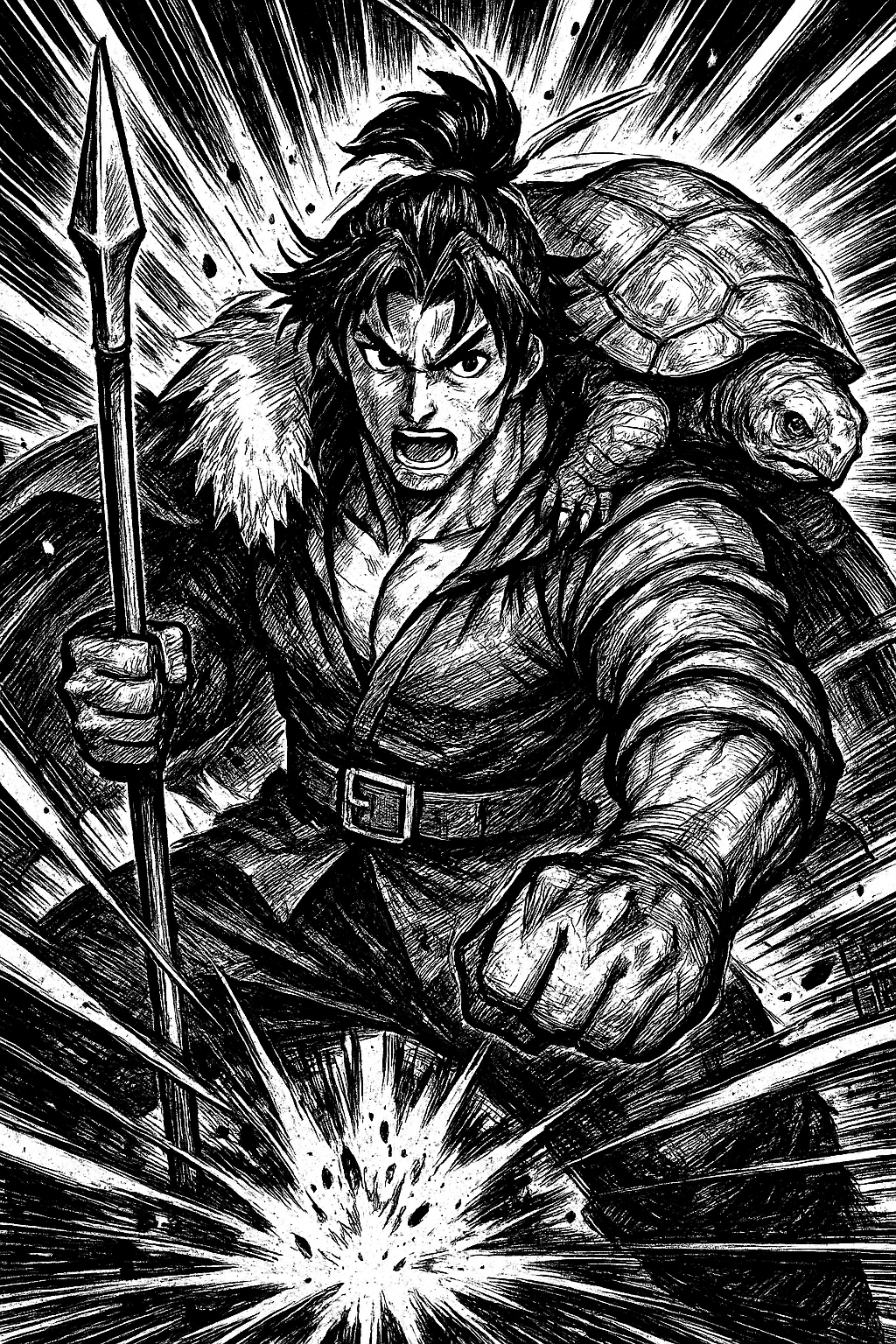 a black and white drawing of a man holding a sword