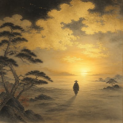 a solitary figure walking toward a glowing horizon across an empty plain, moody atmosphere, no text or lettering