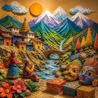 wide landscape with natural scenery — Papier-Mache Art Style