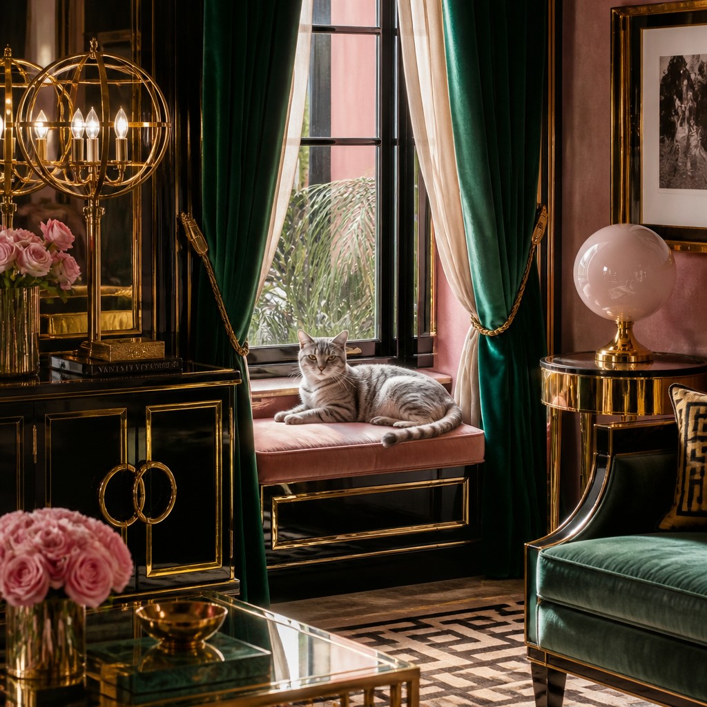 a cat lounging in a sunlit window — Hollywood Regency Interior Design