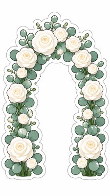 an arch of white roses and eucalyptus in soft morning light, elegant vertical composition with open space, no text