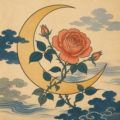 a rose entwined with a crescent moon, clean balanced composition on a plain background, no text