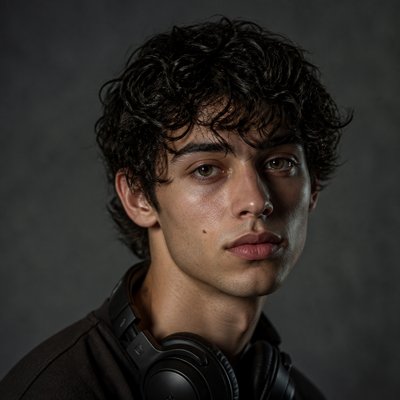 head-and-shoulders portrait of an original character: a young man with curly dark hair and headphones around his neck, plain backdrop, no text