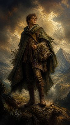 full-body original character: a wandering botanist with a satchel of plants, a patched green cloak, tall boots and round glasses, neutral background